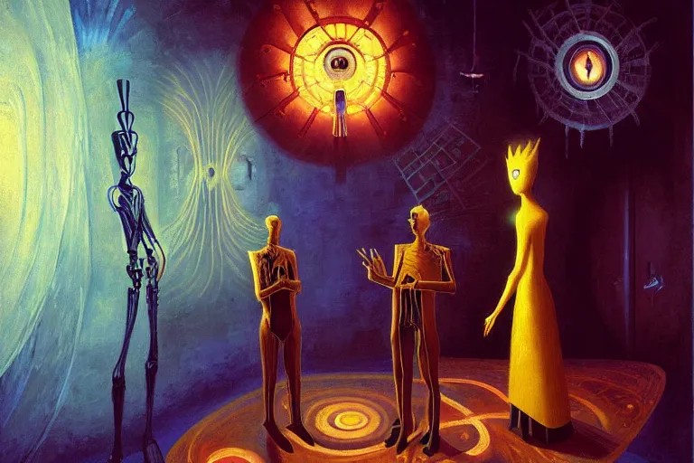 Prompt: a beautiful masterpiece painting of a cybernetic wizard discussing sentience with his AI by Remedios Varo and Anato Finnstark and Greg Rutkowski