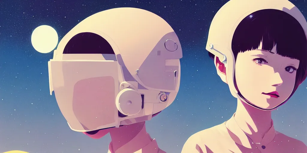 Image similar to portrait of smiling girl with astronaut helmet by ilya kuvshinov, cloudy sky background lush landscape ln illustration concept art anime key visual trending pixiv by victo ngai fanbox by greg rutkowski makoto shinkai takashi takeuchi studio ghibli