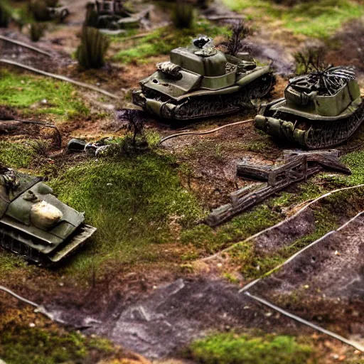 Image similar to photograph of a diorama of a battlefield, tanks and trenches, ruins, bokeh, macro photography