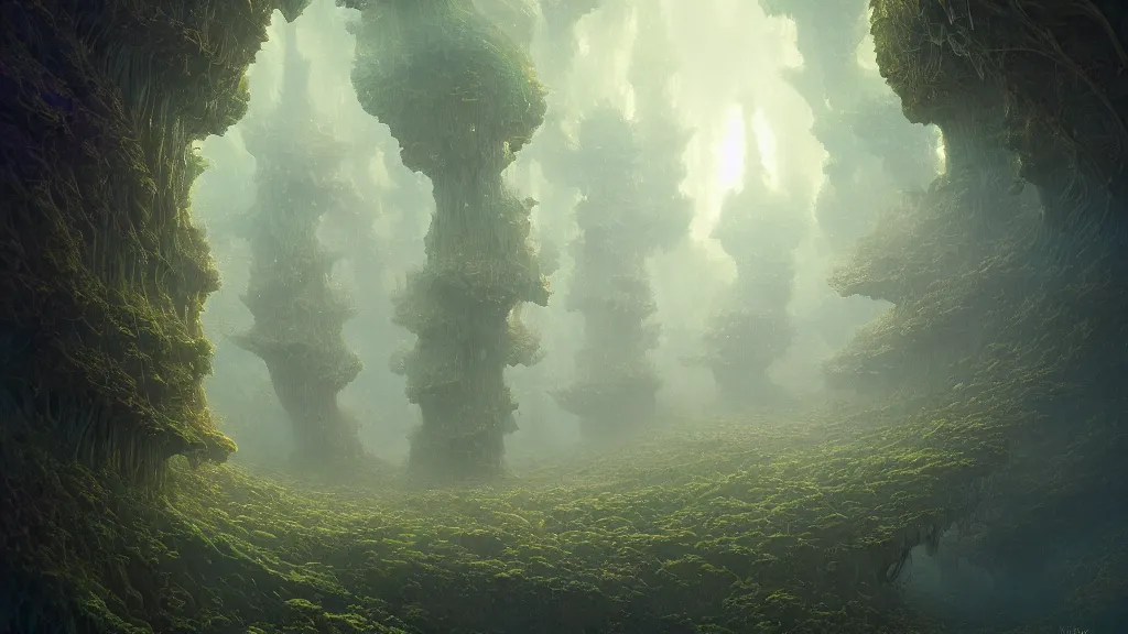 Prompt: a dreamy digital painting of a glowing mandelbulb fractal forest by greg rutkowski, thomas kinkade and Julius Horsthuis, Trending on artstation, Trending on deviantart