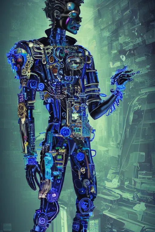 Image similar to full-body cyberpunk style sculpture of a young handsome Spanish prince half android with a chest opening exposing circuitry and a sparking motherboard, glowing blue eyes, crown of peach roses, flowing teal-colored silk, fabric, flowers. baroque elements, human skull. full-length view. baroque element. intricate artwork by caravaggio. many many birds birds on background. Trending on artstation, octane render, cinematic lighting from the right, hyper realism, octane render, 8k, depth of field, 3D