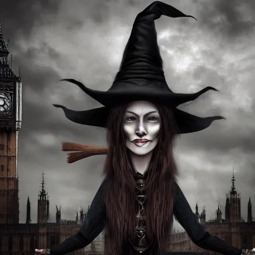 Image similar to A witch wearing a hat riding her broom near the Big Ben,gloomy lighting,creepy atmosphere,photo , highly detailed , high contrast, beautiful lighting, award winning ,u trending on art station, 8k, photo realistic