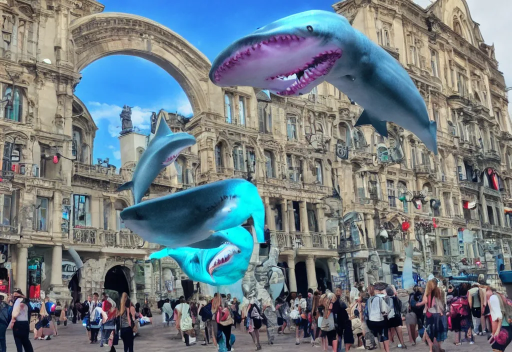 Prompt: 3 d 🦈 popping out of curved screen, town square
