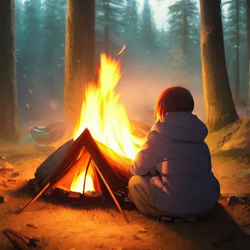 Image similar to yuru camp anime campfire hyperdetailed blue eyes, trending on artstation, cinematic lighting, highly realistically detailed, trending on pixiv , Unreal Engine 4k, detailed faces, manga cover, official anime key visual by greg rutkowski