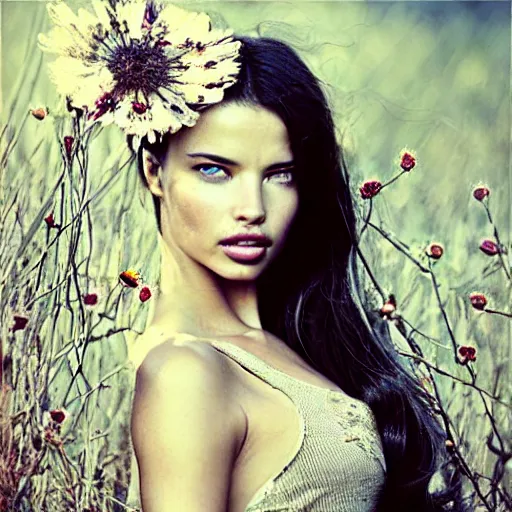 Prompt: fine art photo of the beauty goddess adriana lima, she has a crown of dried flowers, by oleg oprisco