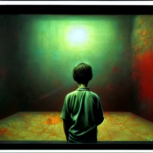 Image similar to 8k professional photo of an 8 years old enlightened and scared boy standing in front of an old computer from 90s with a game doom2 at the monitor screen in a vr vaporvawe space, Beksinski impasto painting, part by Adrian Ghenie and Gerhard Richter. art by Takato Yamamoto, masterpiece. still from a movie by Gaspar Noe and James Cameron