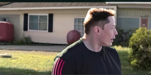 Image similar to full distant shot of bald elon musk in a tracksuit in trailer park boys