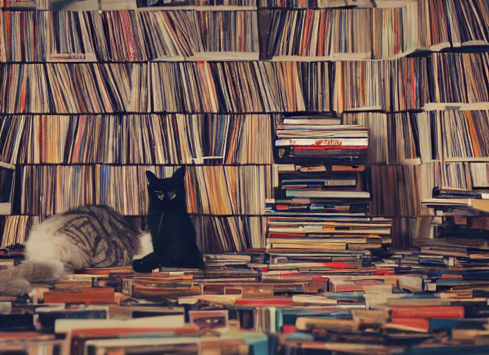 Image similar to photography of a Cat sitting on a pile of books and vinyls. a record player is in the shot. in a room full of vinyls and posters out of the 70's, photorealistic, raining award winning photo, 100mm, sharp, high res