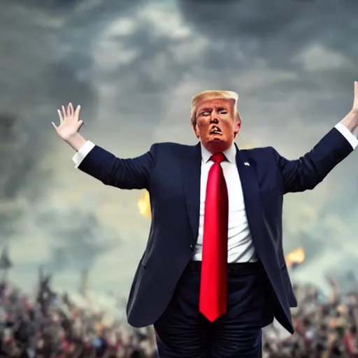 Image similar to trump wailing and waving his arms at cruel fate visually stunning, cinematic, ultra realistic, hyper realism, 1 2 k, epic, octane render, unreal engine, vfx, maya