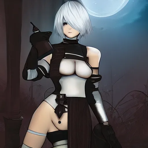 Prompt: 2B from NieR Automata looking at a sundown