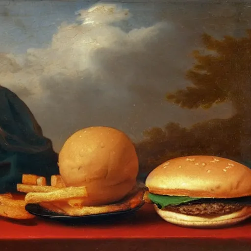Prompt: hamburger and french fried in still life. dutch masters, 1 8 th century, oil on canvas