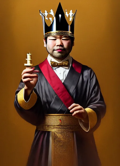 Image similar to gm hikaru nakamura dressed as a king, with a chess piece as a crown, artstation, extremely detailed artgerm, greg rutkowski