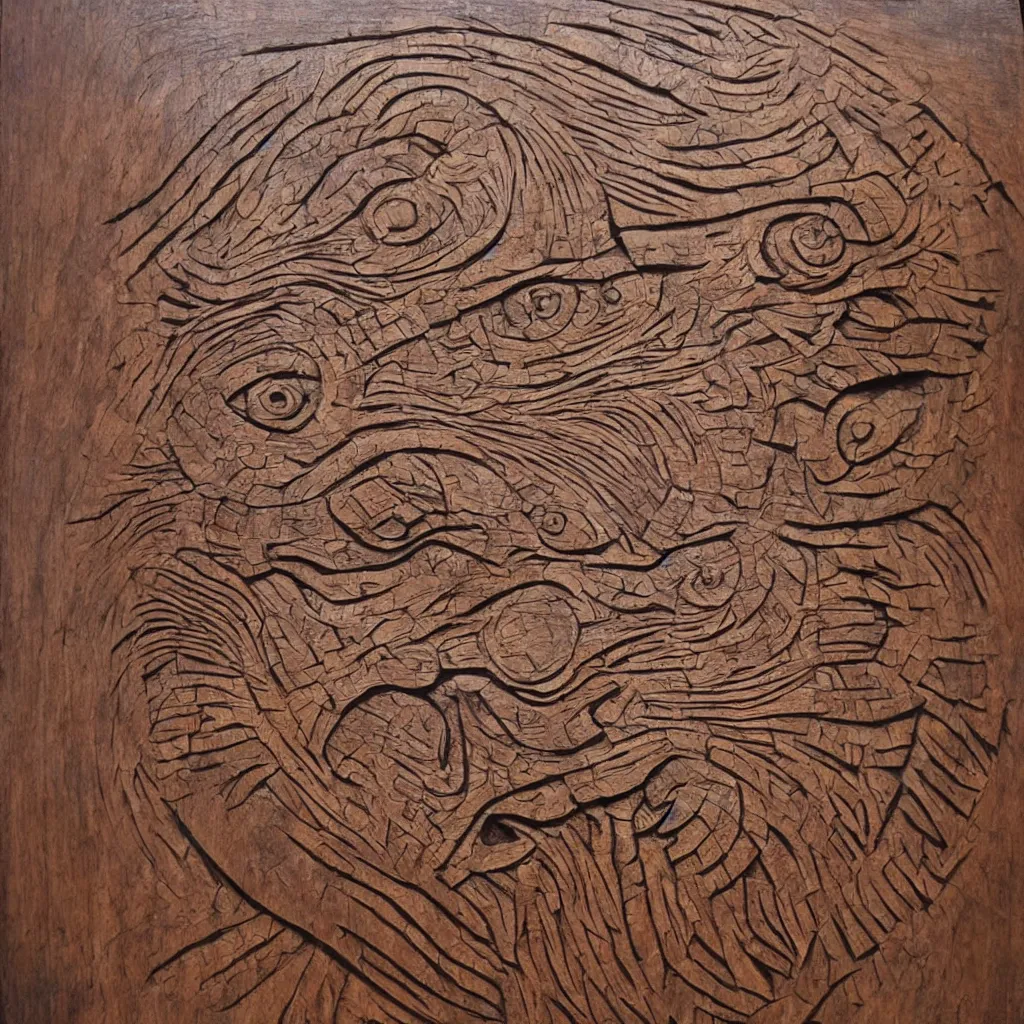 Prompt: ancient irish dinosaur, relief wood carving, detailed