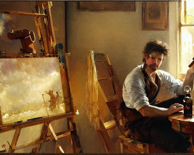 Prompt: an exhausted painter in his studio with a bottle of whisky. highly detailed painting by gaston bussiere, craig mullins, j. c. leyendecker 8 k