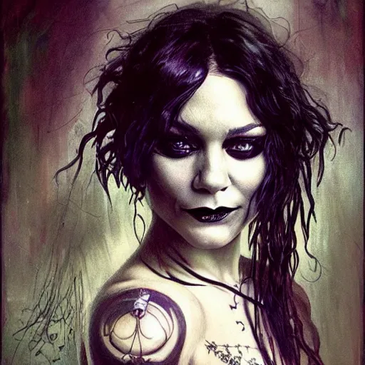 Image similar to beautiful portrait of vanessa hudgens as death from sandman, smiling, by cedric peyravernay, alphonse mucha, by jeremy mann, by lecouffe deharme, goth chic, tear tatoo, soft lightning, eyeliner, punk rock, high detailed, 8 k