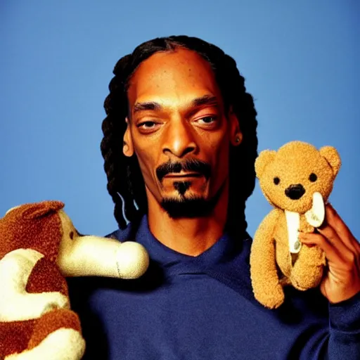 Prompt: Snoop Dogg holding a teddy bear for a 1990s sitcom tv show, Studio Photograph, portrait, C 12.0
