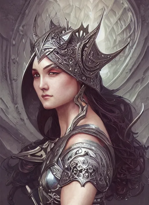 Prompt: Muscular and powerful medieval knight woman portrait, art nouveau, fantasy, intricate flower designs, elegant, highly detailed, sharp focus, art by Artgerm and Greg Rutkowski