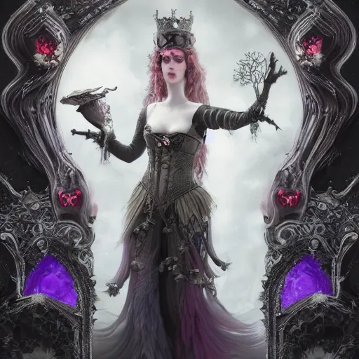 Prompt: tom bagshaw, soft painting fractal curiosities fairy carnival, single beautiful queen in full nightshade gothic armor, accurate features, focus, very intricate ultrafine details, black white purple volumetric clouds, award winning masterpiece, octane render 8 k hd