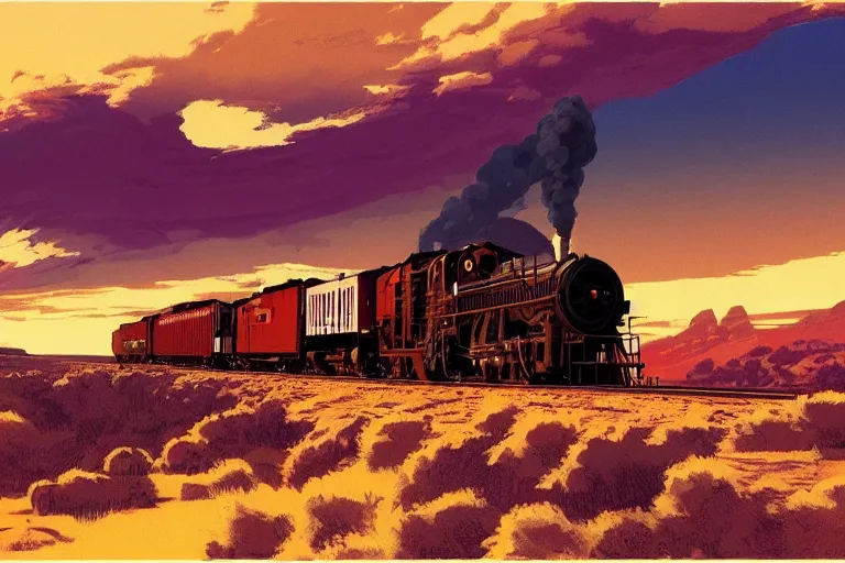 Image similar to idyllic old western freight train illustration by syd mead, artstation, 4 k, graphic novel, concept art, matte painting, steam engine spewing billowy white clouds of steam, beautiful mountain desert sunset background, golden hour