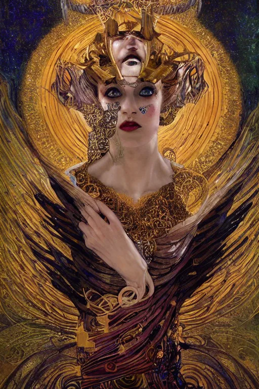 Image similar to Intermittent Chance of Chaos Muse by Karol Bak, Jean Deville, Gustav Klimt, and Vincent Van Gogh, trickster goddess, enigma, Loki's Pet Project, destiny, Poe's Angel, fate, Surreality, inspiration, muse, otherworldly, fractal structures, arcane, ornate gilded medieval icon, third eye, spirals