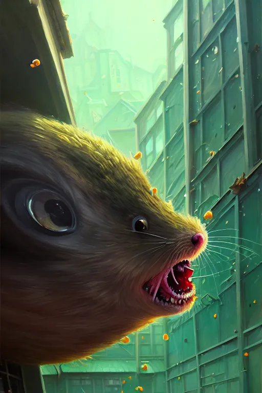 Prompt: a detailed painting of a giant angry hamster attacking a school building, green slime everywhere, intricate, horror, highly detailed, digital painting, trending on artstation, smooth, sharp focus, illustration, art by greg rutkowski, loish, rhads, makoto shinkai and lois van baarle, ilya kuvshinov, rossdraws