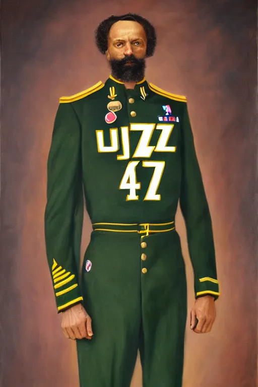 Prompt: full body portrait of the dictator of the nba utah jazz, 1 8 8 9, in full military garb, navy, green, oil on canvas by william sidney mount, trending on artstation