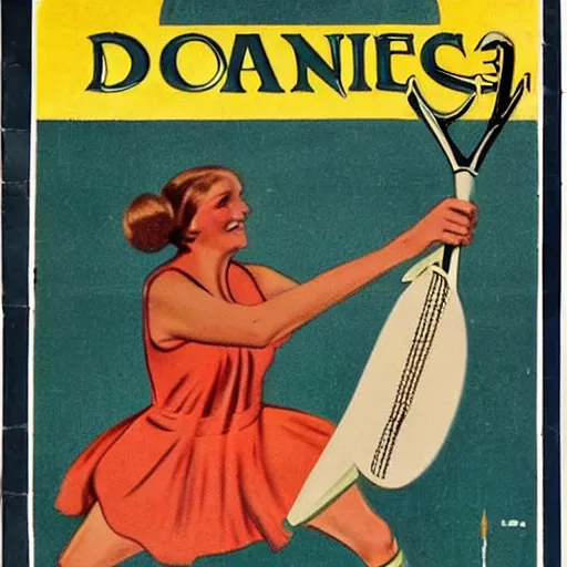 Image similar to a 1 9 2 8 cover of a danish magazine. happy, healthy, beautiful, smiling, young, sporty, glowing woman in decent athletic wear playing tennis. realistic detailed color drawing