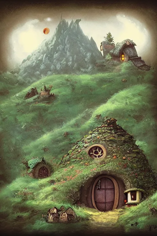 Prompt: beautiful matte painting of a hobbit house under a quaint hill, whimsical by brian kesinger and bridget bate tichenor