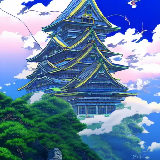 Prompt: flying japanese castle into the clouds by hayao miyazaki