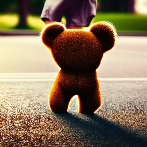 Prompt: a teddy bear with a backpack walking to school, photorealistic, close-up, 8K, 3D