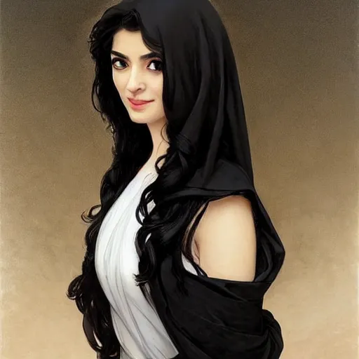 Prompt: greek Ameera al-Taweel, blue eyes, wavy black hair, white veil, highly detailed, digital painting, artstation, concept art, smooth, sharp focus, illustration, ArtStation, art by artgerm and greg rutkowski and alphonse mucha and J. C. Leyendecker and Edmund Blair Leighton and Katsuhiro Otomo and Geof Darrow and Phil hale and Ashley wood and Ilya repin and Charlie Bowater