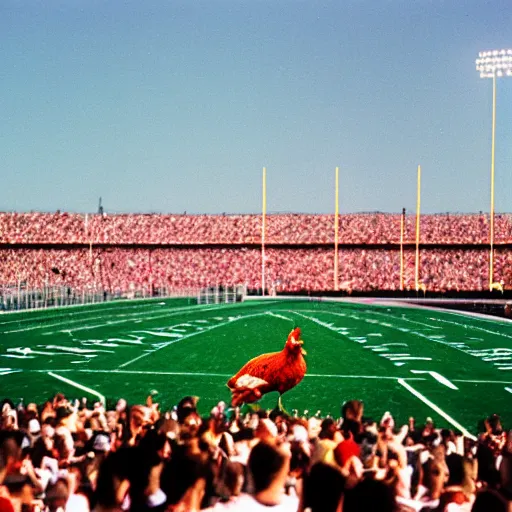 Image similar to the famous funky chicken runs across a football field, interrupting the big game, 3 5 mm