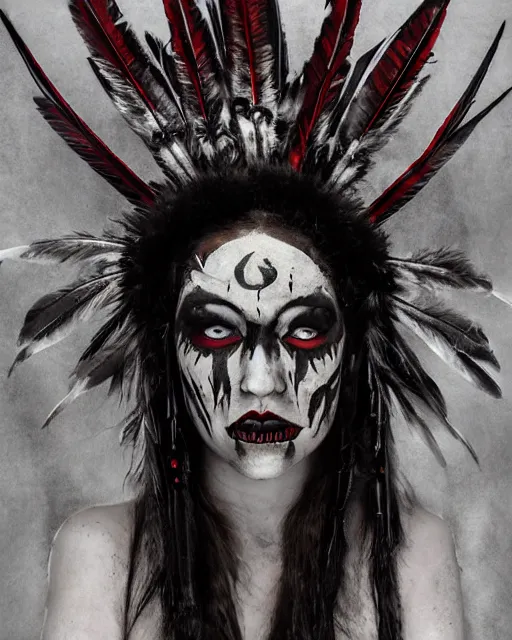 Image similar to lady native sisters ghost - spirit of the grim - warpaint wears the scarlet skull armor and native blood headdress feathers, midnight fog - mist!, dark oil painting colors, realism, cinematic lighting, various refining methods, micro macro autofocus, ultra definition, award winning photo, photograph by ghostwave - gammell - giger - shadowlord