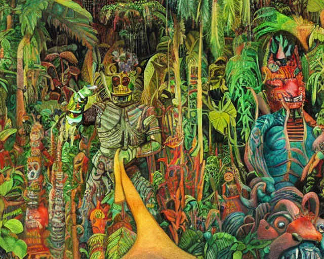 Image similar to surreal colorful nightmarish garden las pozas, mayan jaguar warrior, artwork by ralph bakshi and diego rivera