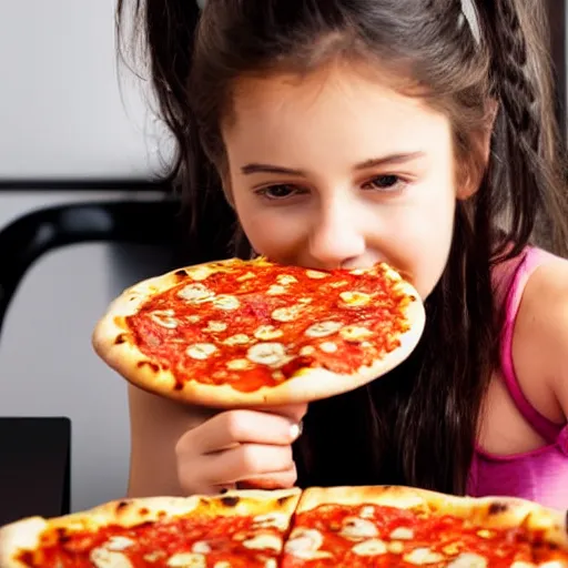 Prompt: girl eating boneless pizza