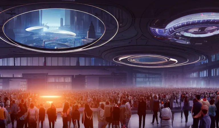 Image similar to crowd of people in large open museum, looking at hologram of futuristic city on a table, cinematic concept art, godrays, golden hour, natural sunlight, 4 k, clear details, tabletop model buildings, center model buildings, hologram center, crane shot, wide shot, high shot