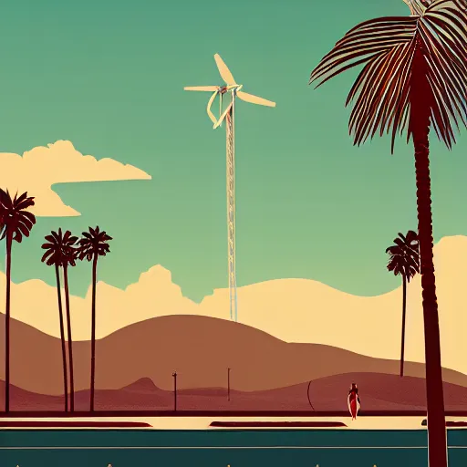 Image similar to a beautiful illustration of palm springs by James gilleard, wind turbines, palm trees, mountains, artstation HD, geometric lines, HD, 4k, 8k