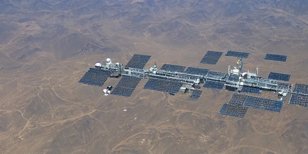 Prompt: a huge ground space station sits on the ancient silk road