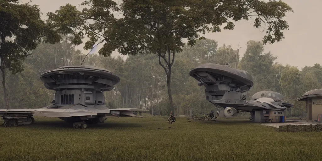 Image similar to a militarised spaceship parked infront of a house in a kerala village, photorealistic, 4k, matte painting, cinematic by simon stalenhag