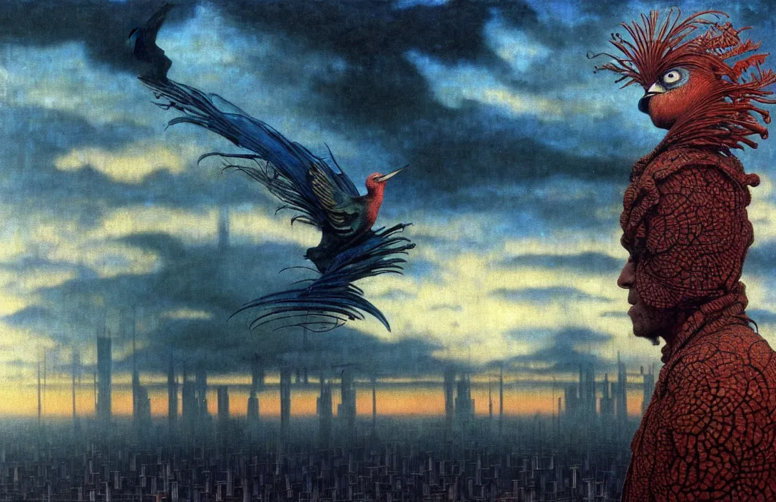 Prompt: realistic detailed portrait movie shot of a birdman wearing dark ragged robes, futuristic city sunset landscape background by denis villeneuve, amano, yves tanguy, alphonse mucha, ernst haeckel, max ernst, roger dean, ridley scott, dynamic closeup composition, rich moody colours, blue eyes, man with a giant birdhead