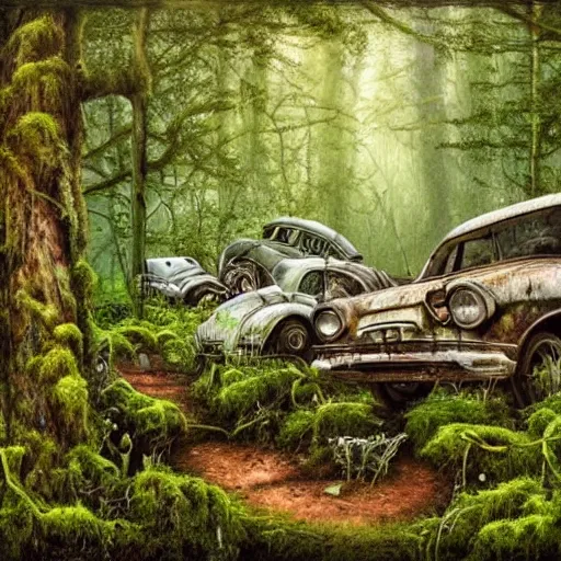 Prompt: a junk yard in the forest, overgrown with moss and ivy, detailed, realistic-C 30.0