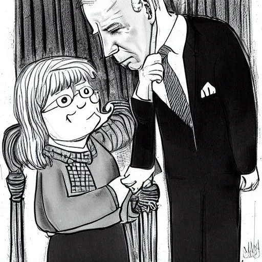 Image similar to political cartoon showing Joe biden sniffing the hair of young girls