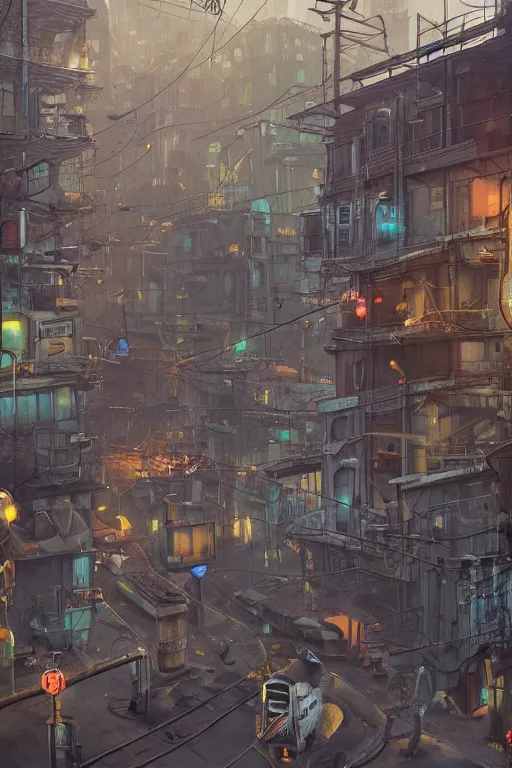 Image similar to a industrial STEAMPUNK CITY Street scenery in the FAVELAS, signs, billboards and cable Connecting MULTI LVL BUILDINGS, rendered by simon stålenhag, rendered by Beeple, Makoto Shinkai, syd meade, environment concept, digital art, starwars, raphael lacoste, eddie mendoza, alex ross, concept art, cinematic lighting, , unreal engine, 3 point perspective, WLOP, trending on artstation, low level, 4K UHD image, octane render,