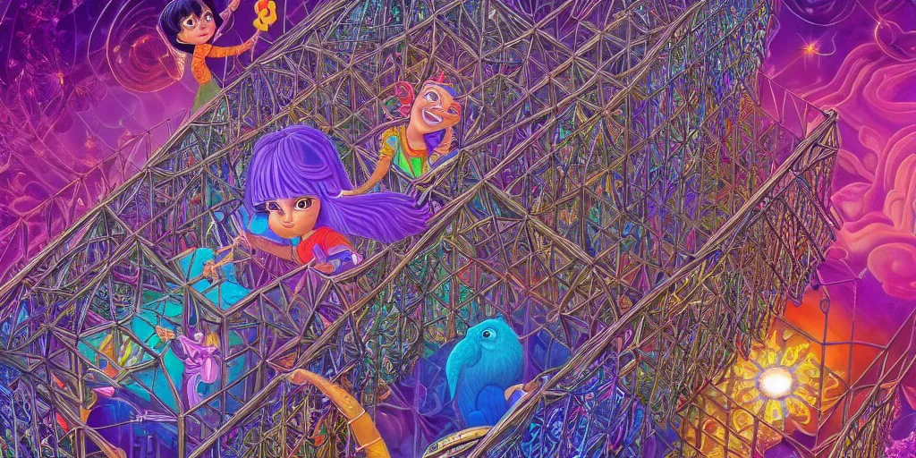 Image similar to visionary art, cages holding prisoner dora the explorer clones trapped in cages behind bars, rich geometry, precise and incredibly highly detailed intricate 8 k wallpaper, john stephens, lisa frank, intricate stunning award winning masterpiece trending on artstation