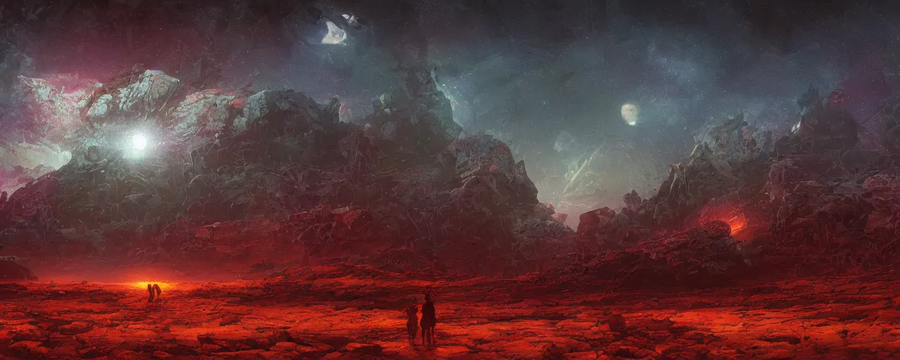 Image similar to ” barren landscape at night, [ cosmic, cinematic, detailed, epic, widescreen, opening, establishing, mattepainting, photorealistic, realistic textures, octane render, art by slop and paul lehr ] ”