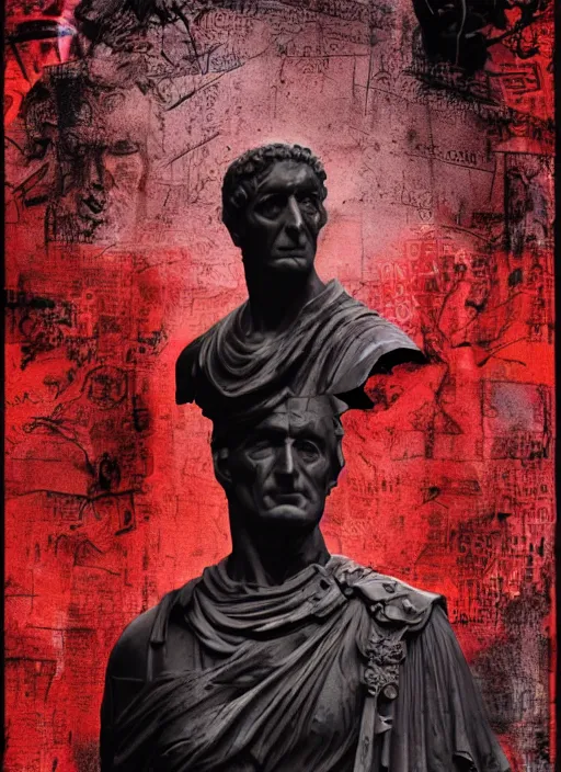 Image similar to design poster showing a statue of julius caesar, black background with very subtle red and purple design elements, powerful, nekro, vito acconci, graphic design, collage art, thin lines, dark, glitch art, neo vaporwave, gritty, layout frame, square, trending on artstation