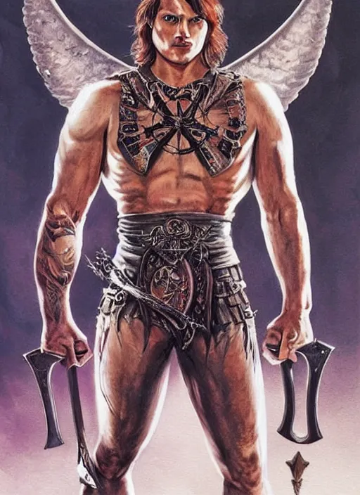 Image similar to front portrait of attractive Sam Winchester as a muscular warrior holding swords ⚔️ demon wings wide open, teared apart T-Shirt whole body tattooed with runes and satanic symbols, D&D!, fantasy style, sharp focus!, ultra detailed, art by Artgerm and Peter Andrew Jones, WLUP