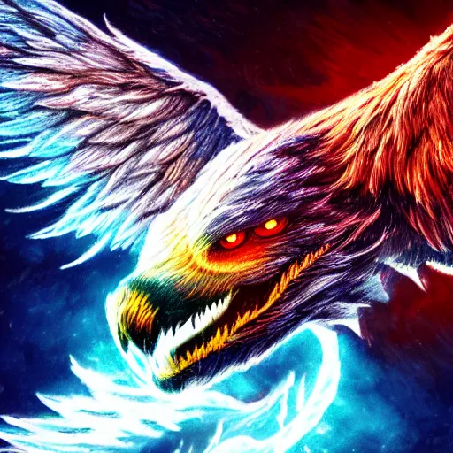 Image similar to A wide shot of griffin in the sky, colorful eyes, glowing eyes, fire, frost, angry, demonic, detailed, fine lines, realism, hyper-realistic, 8k, hd,