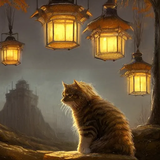 Image similar to concept art, siberian cat behind lanterns, 8 k, by james gurney, greg rutkowski, john howe, artstation