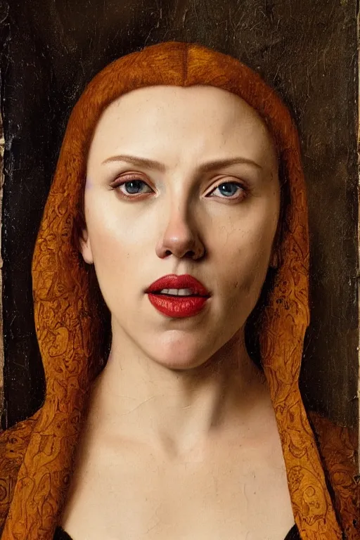Image similar to portrait of scarlett johansson, oil painting by jan van eyck, by hans holbein, northern renaissance art, old masters, alla prima, realistic, expressive emotions, intricate textures, illusionistic detail